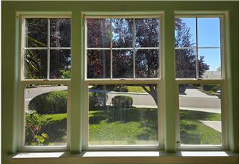The large picture window frames the mature Purple-Leaf Plum Trees beautifully, bringing color and natural beauty.