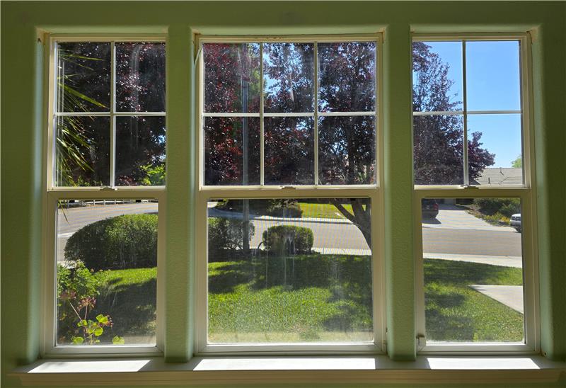 The large picture window frames the mature Purple-Leaf Plum Trees beautifully, bringing color and natural beauty.