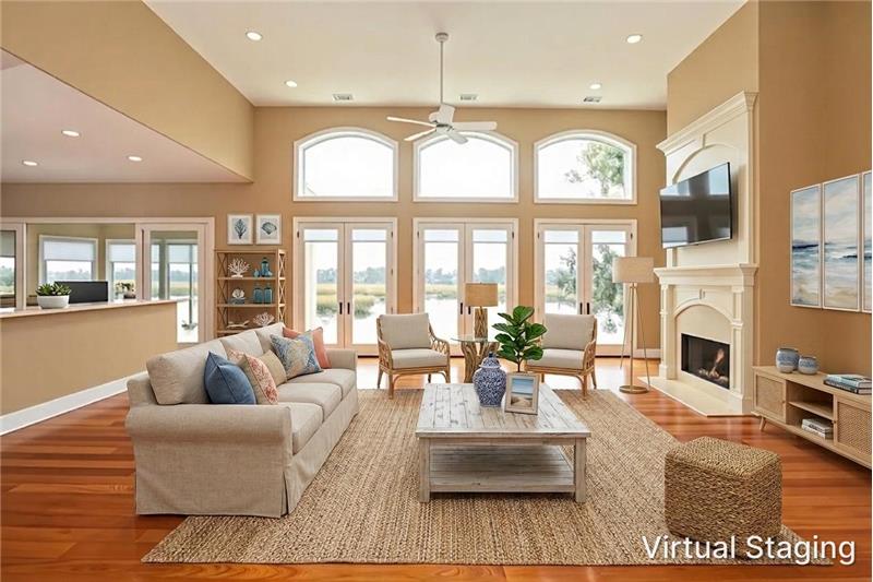 Virtually Staged Great Room with Built-ins removed