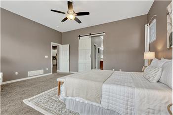 Primary Bedroom with barn door that leads into the luxurious 5-piece Primary Bathroom.
