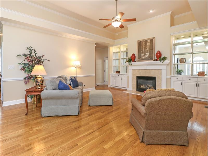 Gas log fireplace and built-ins are centerpiece of this home