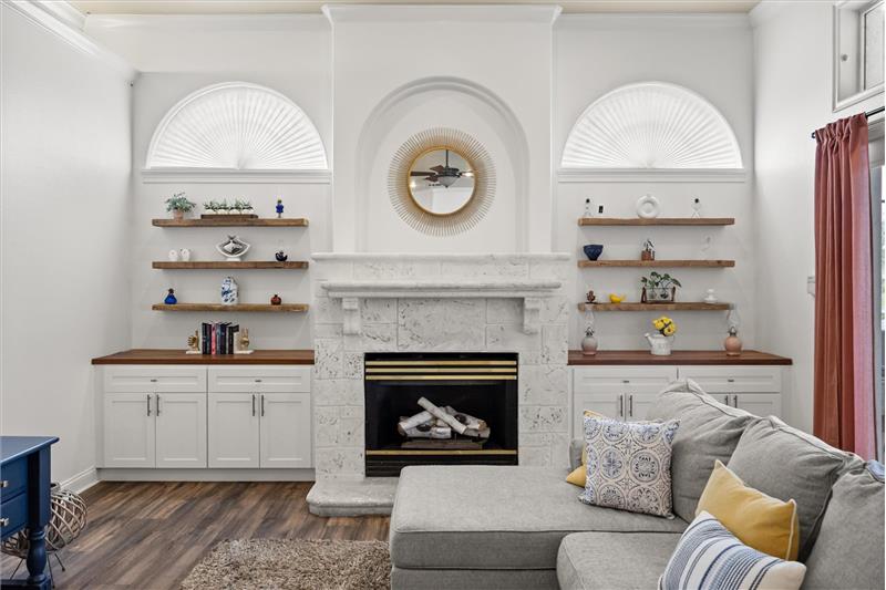 Family Room View of Fireplace and Built Ins
