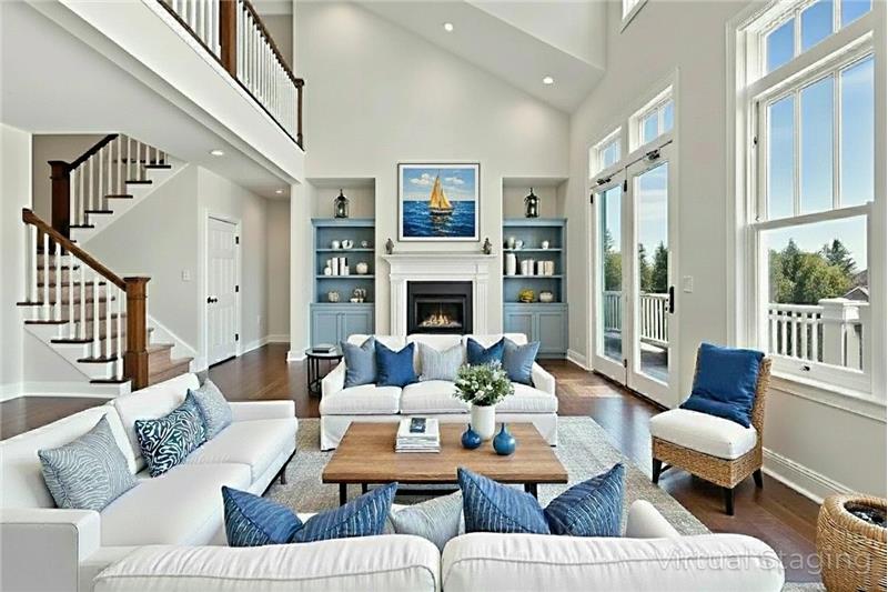 Great room in white with blue bookcases (digitally altered)