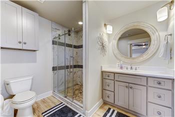 Spa like master bath with large walk in shower and spacious bathroom space with storage.