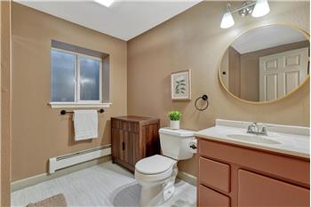 Basement Shower Bathroom with vanity, mirror, and tiled shower.