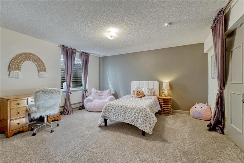 Basement Bedroom #6 has neutral carpets and room for a desk/study area.