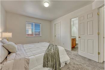 Primary Bedroom with new carpet, a walk in closet, and view into the adjoining Primary Bathroom.