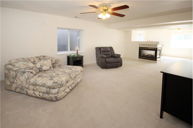 Large rec room in basement with 3-sided gas fireplace