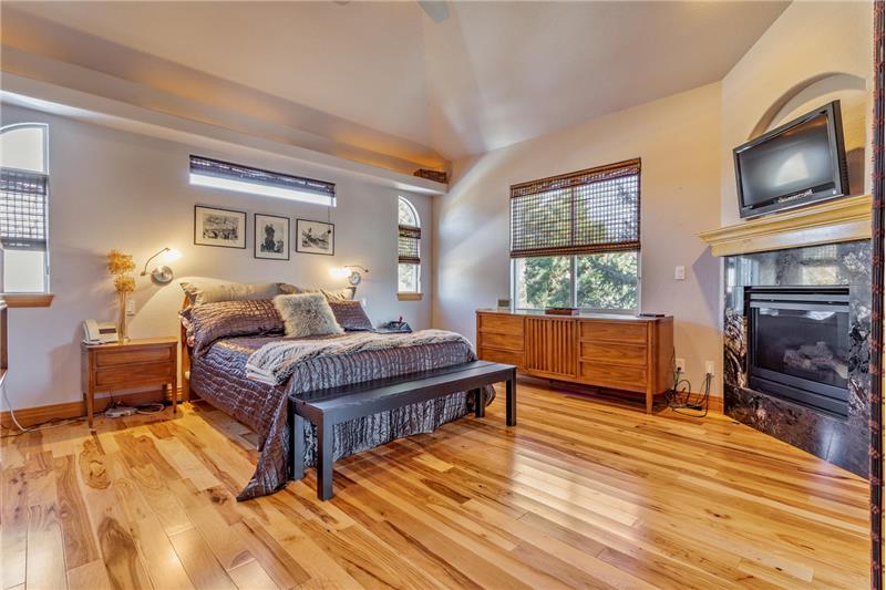 Master bedroom has gas fireplace and vaulted ceiling
