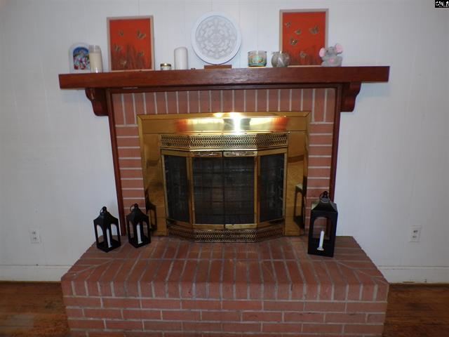 Wood burning fireplace in den