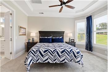 Serene owner's suite features a trey ceiling, room for king-size bed, bayed window wall.