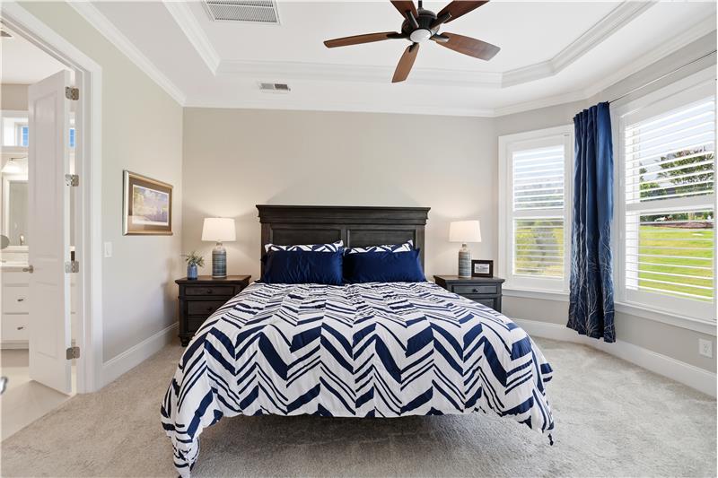 Serene owner's suite features a trey ceiling, room for king-size bed, bayed window wall.