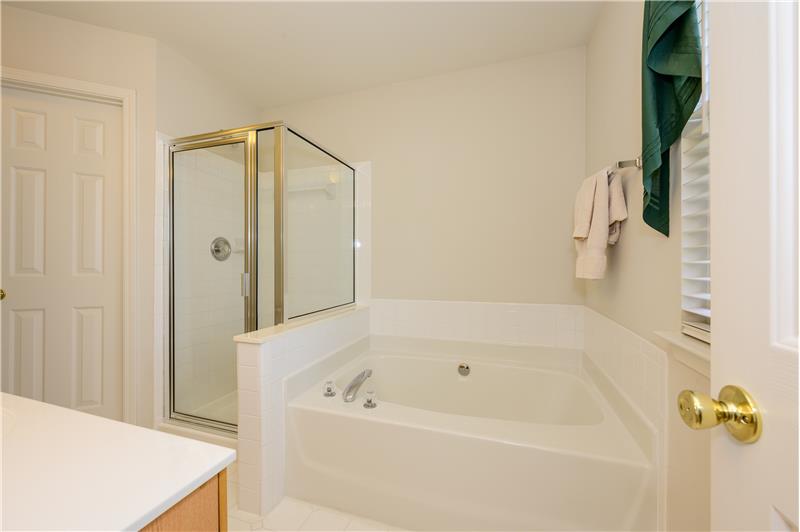 Soaking tub + separate shower in owner's bathroom.