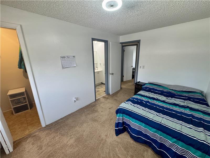 View of primary bedroom showing walk-in closet at left and direct door to bathroom
