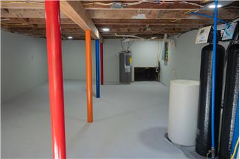 Basement area located under the  converted barn.  Location of water heater and  water treatment.