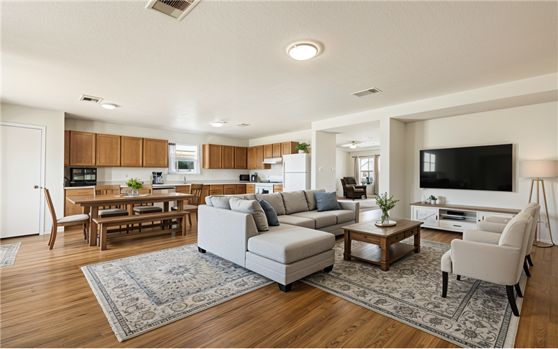 virtually staged combo family room and kitchen