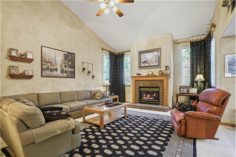 Family room with vaulted ceiling