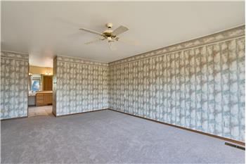 Another View of the Large Primary Bedroom with a View into the 5 Piece Bathroom.