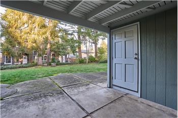 Downstairs Patio with a Large Storage Unit to the Right.