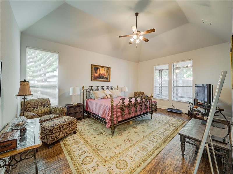 Primary bedroom featuring wood-type flooring, lofted ceiling, ceiling fan, and multiple windows