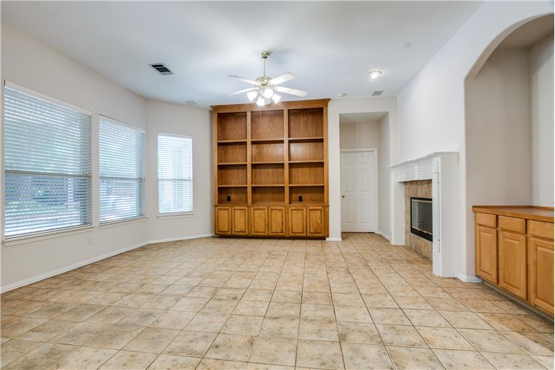 Family room with built in cabinets!