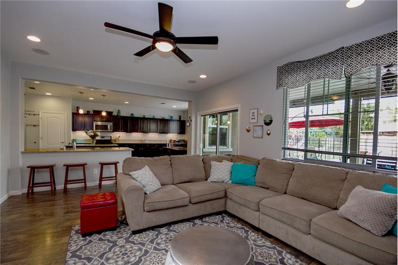Open living with surround sound in the family room