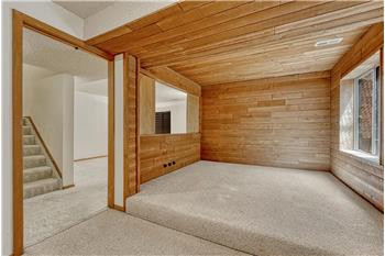 Basement Bedroom #3 (non conforming) with neutral carpet and wood paneled walls and ceiling.