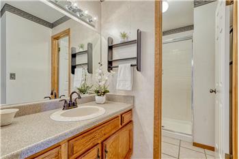 The primary bathroom offers a vanity, mirror, and tiled shower with built-in seat.