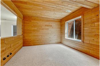 Basement bedroom #3 has wood paneled walls and ceiling.