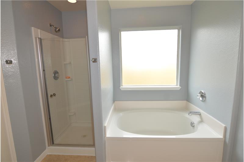 Master Bath has a separate shower and garden tub.