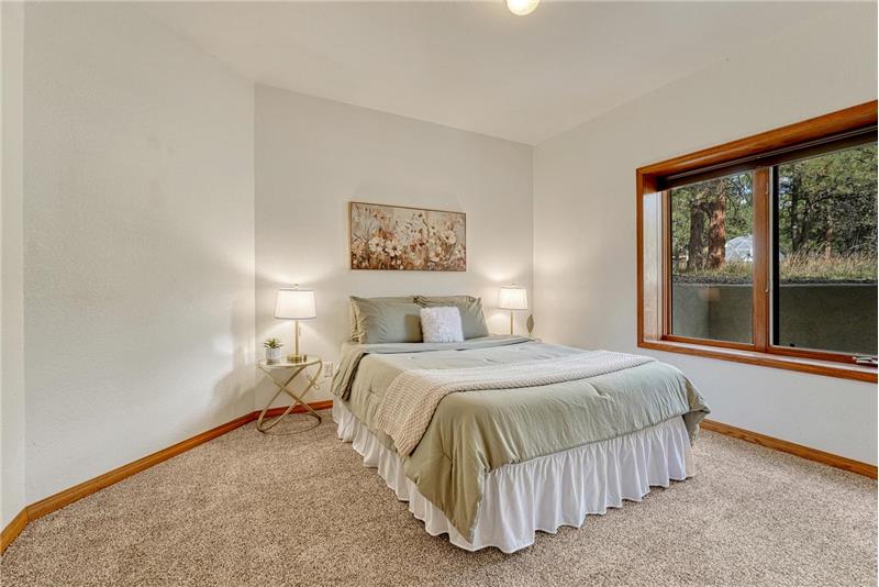 Lower level bedroom #3 with mirrored closet doors.