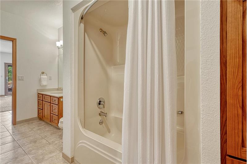Lower level bath with tub and shower.