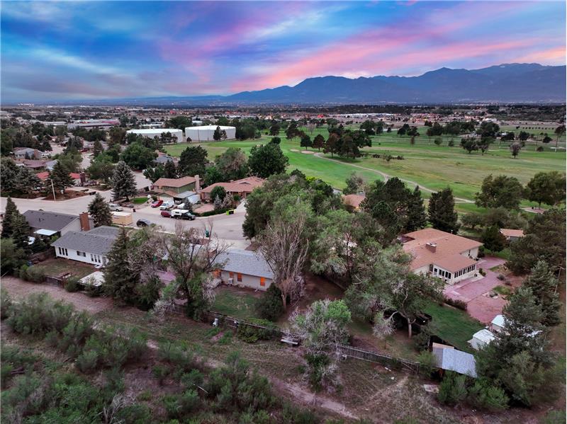 Sunset aerial view of backyard and open space