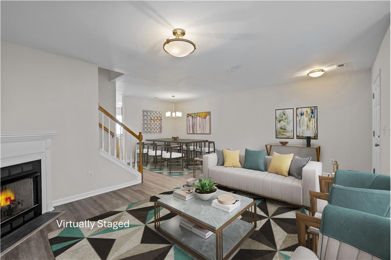 Open sight lines between living room and dining area.