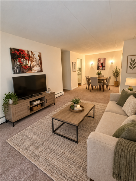 Virtually-staged living room and dining area