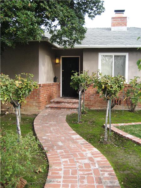 Brick Walkway lined with Rose Trees