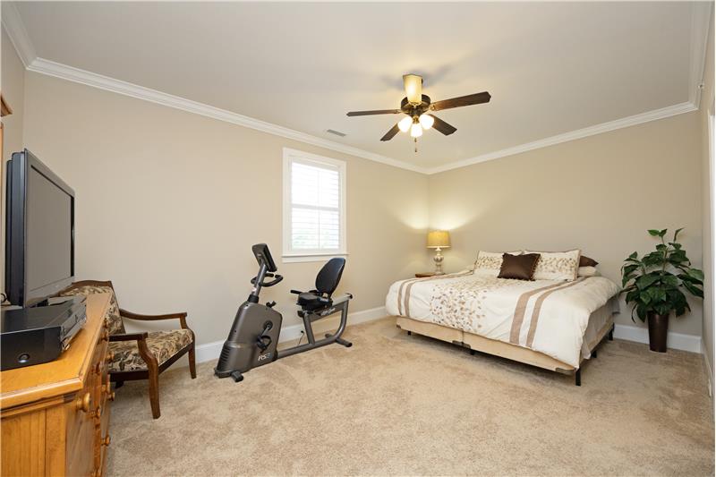 Upstairs Ensuite with Crown Molding and Ceiling Fan