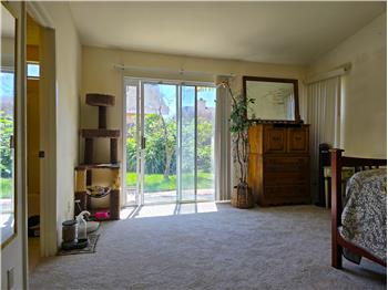 Bright primary suite with southern light and slider to the private backyard.