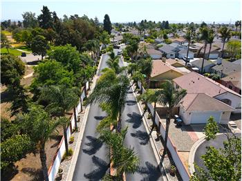 Gated entry with palmlined boulevard and direct access to nearby Preisker Park.