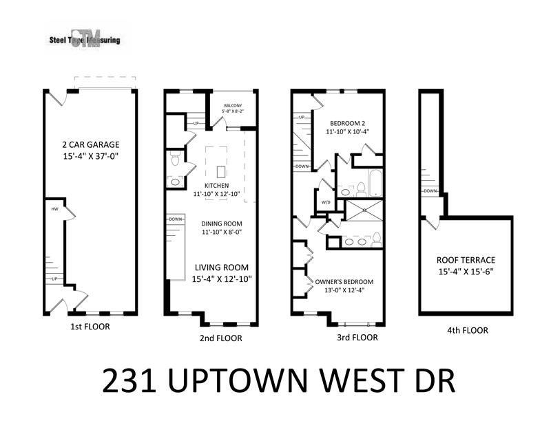 Floor plan: 3-story townhome with open concept plan, 2-car garage and rooftop terrace.
