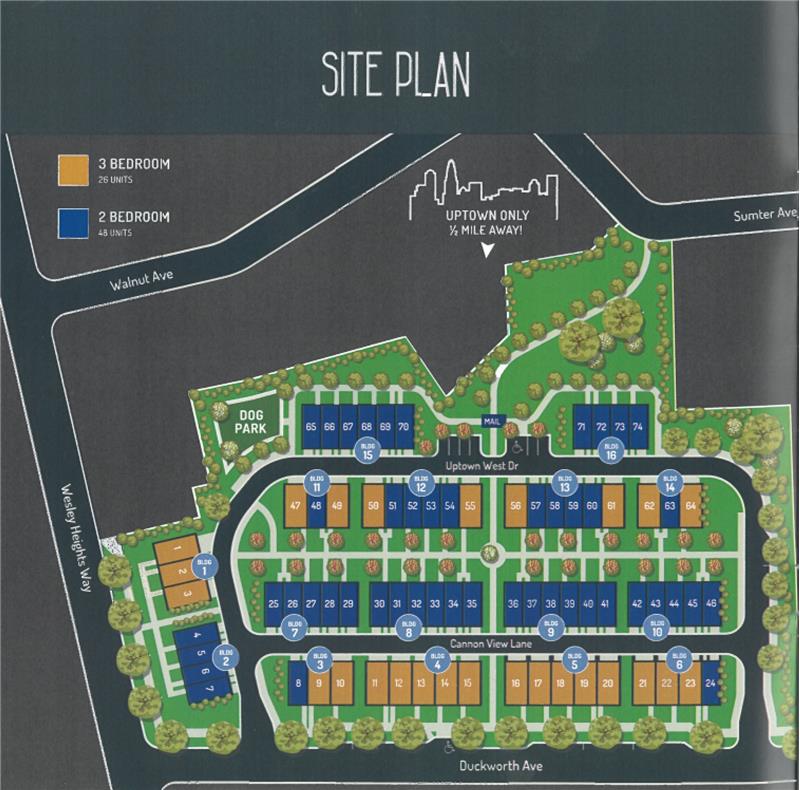 Site Plan: Intimate 74-unit townhome community in Charlotte's historic West End.
