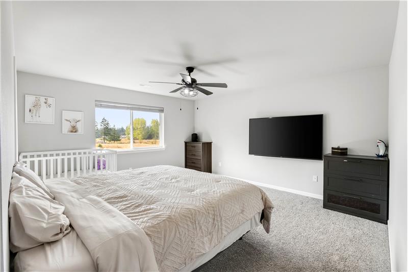 The spacious primary bedroom suite offers a walk-in closet, ceiling fan, and wall-mounted TV that stays with the home.