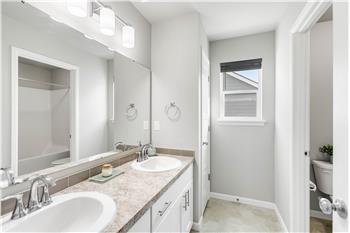 A long dual-sink vanity offers generous counter space, with a nearby closet for bathroom storage.