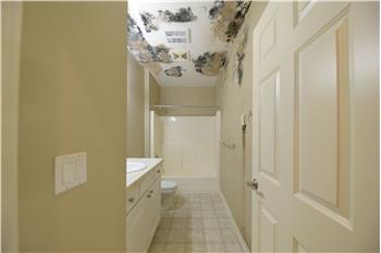 Hall bath with soft floor and questionable ceiling