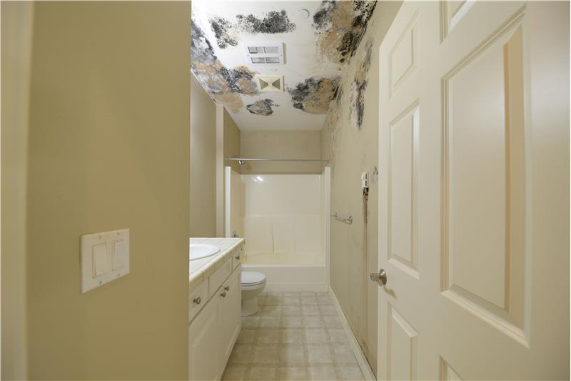 Hall bath with soft floor and questionable ceiling
