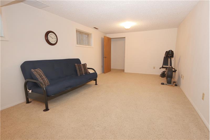 Remodeled Basement Rec Room has Neutral Carpet