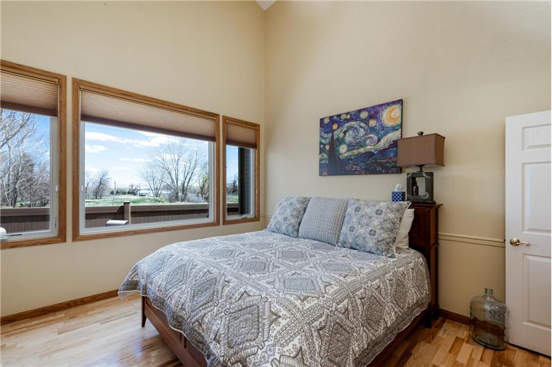 Master bedroom has vaulted ceiling and great view of open space