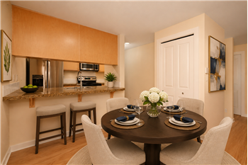 Virtually staged for design concept Dining Area with Bar and room for table and chairs.
