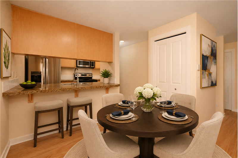 Virtually staged for design concept Dining Area with Bar and room for table and chairs.