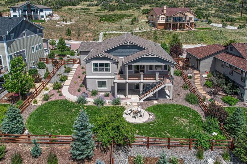 Aerial rear view of home and backyard